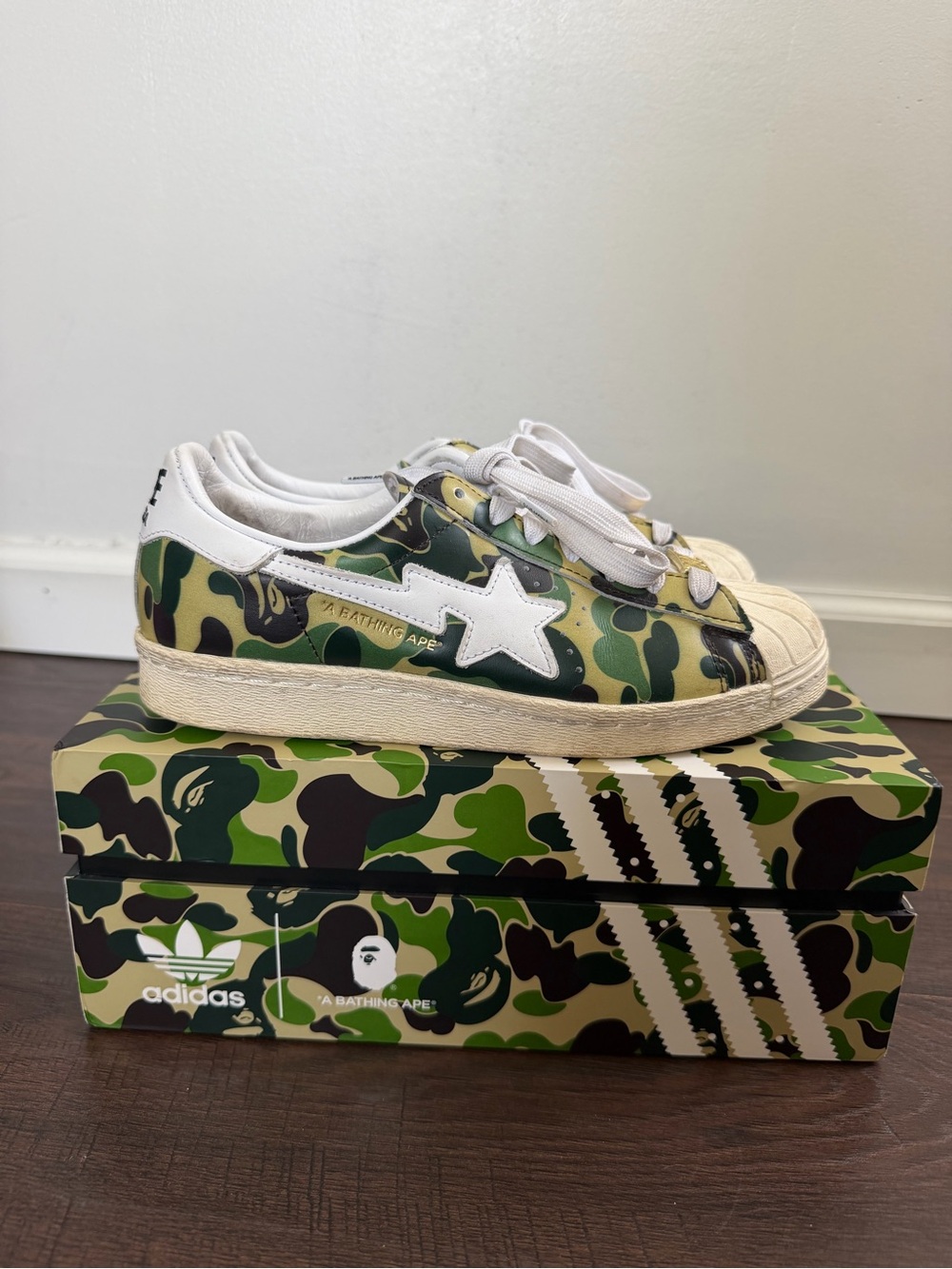 Bape x Adidas Green Camo Superstar Sneakers with White Star